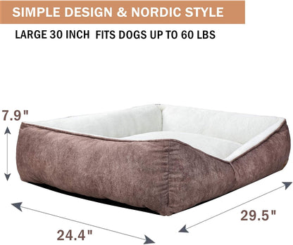 Rectangle Washable Dog Bed - Warming and Comfortable Square Pet Bed with Durable Design for Medium to Large Dogs (30 Inch, Brown)